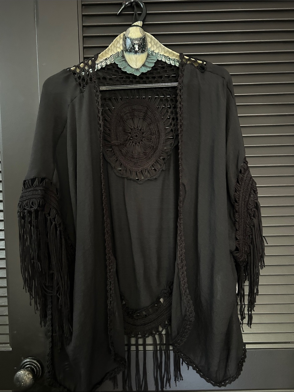 LC Black Crochet-Trim Open Front Kimono Top, OSFM, Size NWT